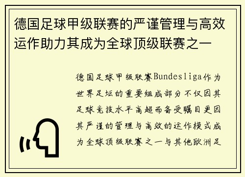 德国足球甲级联赛的严谨管理与高效运作助力其成为全球顶级联赛之一