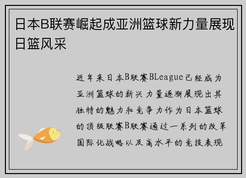 日本B联赛崛起成亚洲篮球新力量展现日篮风采