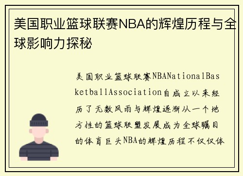 美国职业篮球联赛NBA的辉煌历程与全球影响力探秘