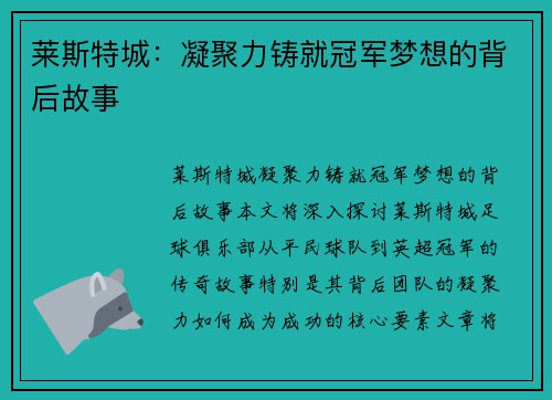 莱斯特城:凝聚力铸就冠军梦想的背后故事 莱斯特城:凝聚力铸就冠军梦想的背后故事